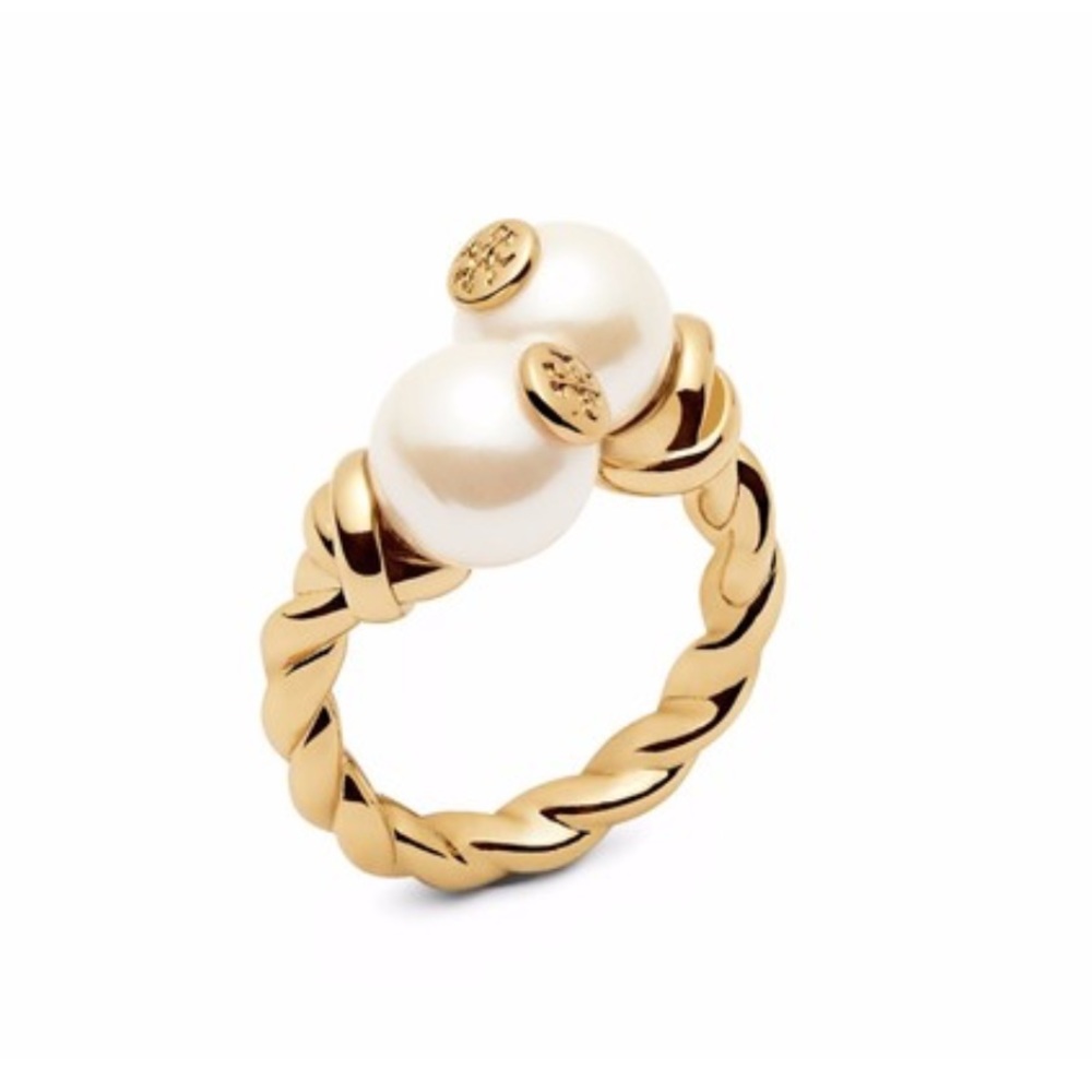 Tory Burch Twisted Rope Logo Pearl Ring New - Picture 4 of 5